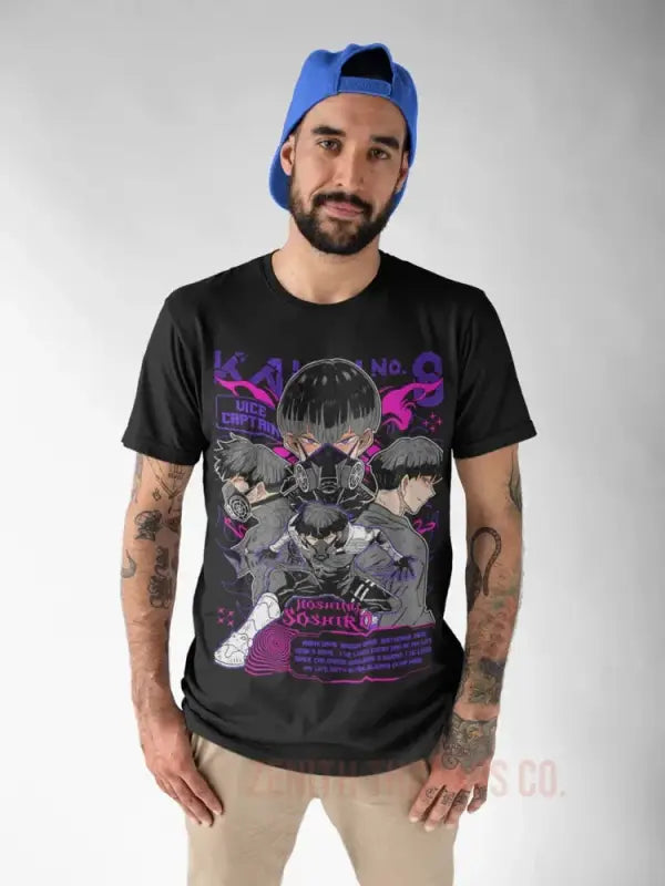 Black t-shirt featuring a purple and gray skull design with geometric patterns.