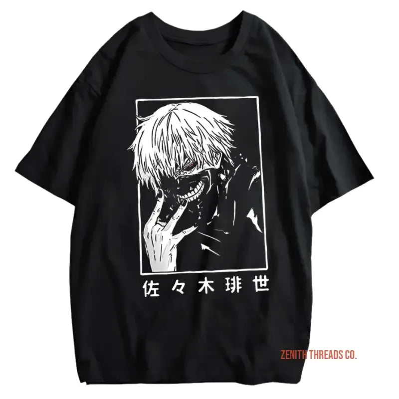 Black t-shirt featuring a manga-style character illustration with Japanese text beneath it.