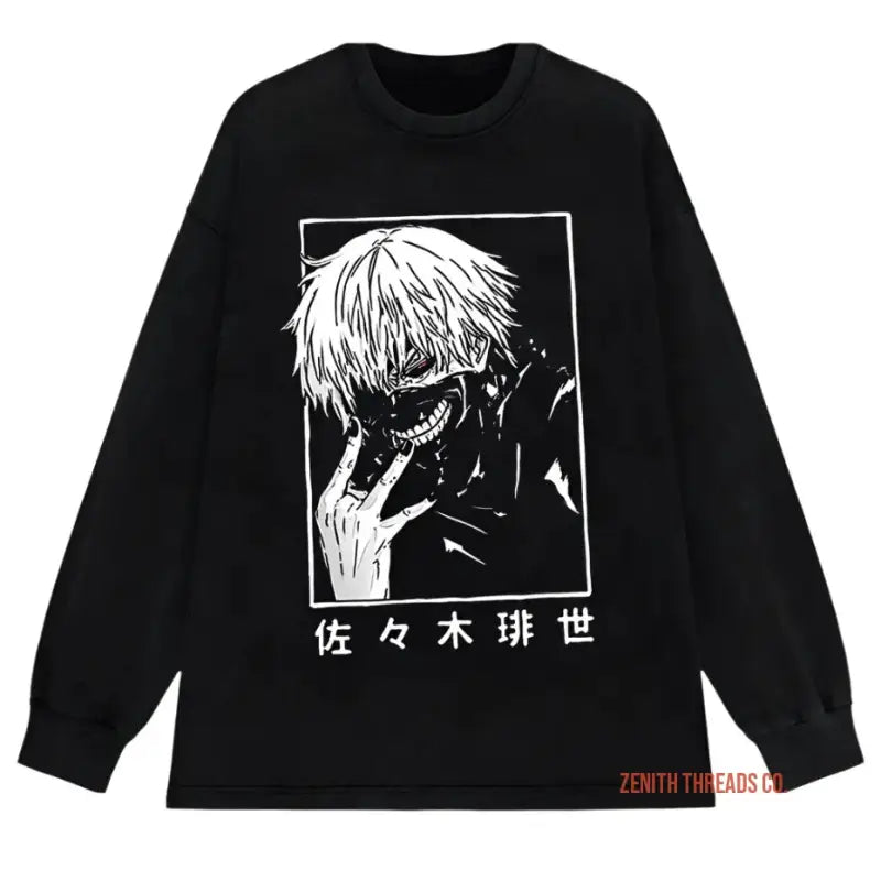 Black long-sleeve t-shirt featuring a manga-style character illustration with Japanese text beneath it.