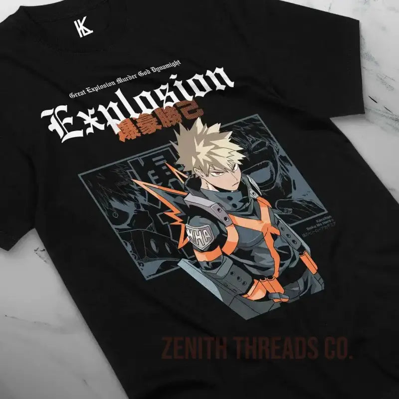 Black t-shirt featuring an anime character design with ’Explosion’ text and gothic lettering.