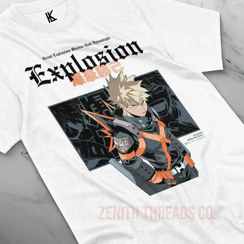 White t-shirt featuring an anime character design with ’Explosion’ text and dark artwork details.