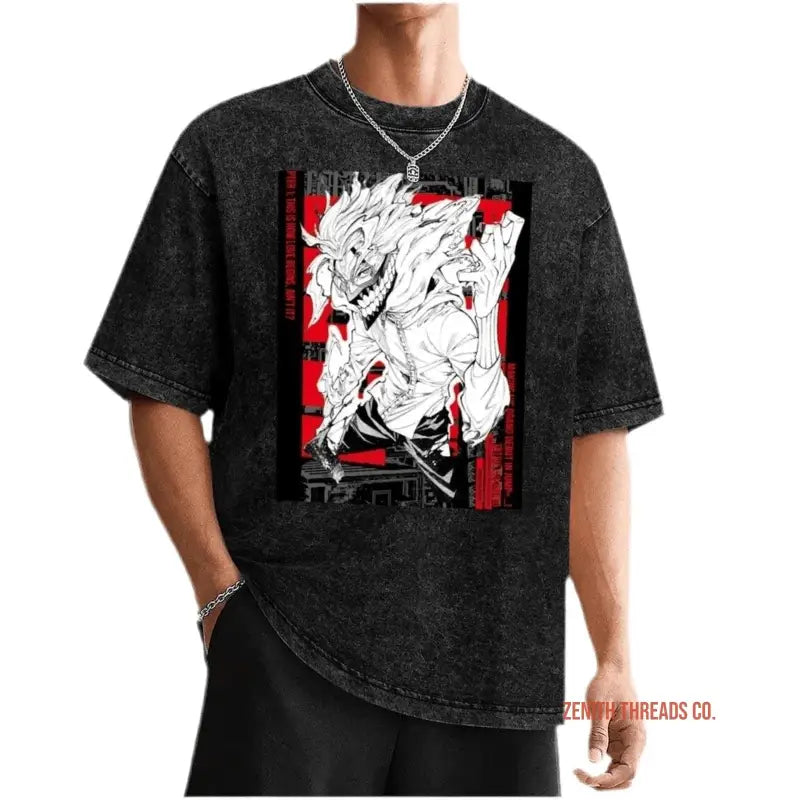 Black t-shirt featuring a white and red anime-style monster illustration with vertical stripes.