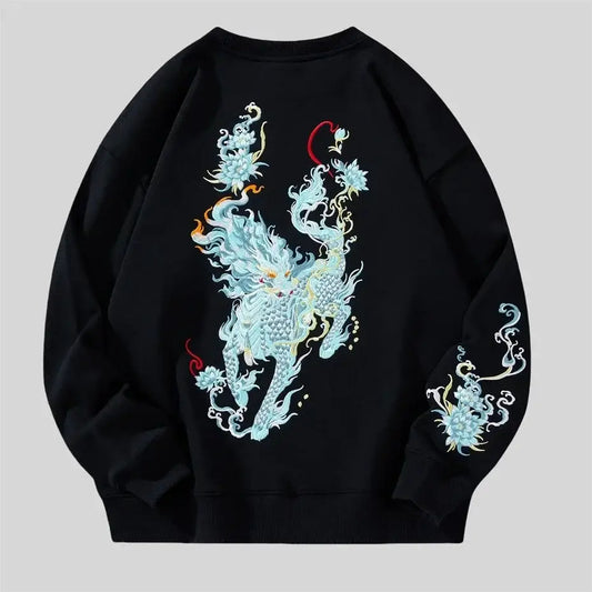 Kirin Embroidered Fleece Sweatshirt | Black / Xxxl(105to115kg) | Streetwear