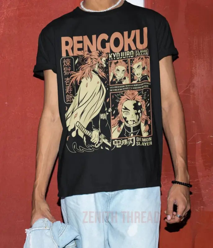 Black t-shirt featuring manga-style artwork of Rengoku from Demon Slayer with Japanese text and character panels.