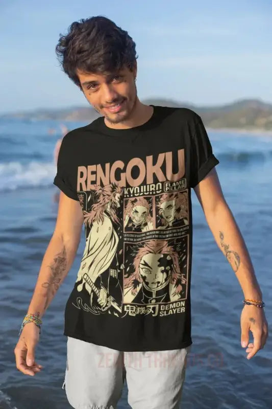 Black t-shirt with ’Bengoku’ text and artistic graphics featuring the Statue of Liberty and wolf designs.