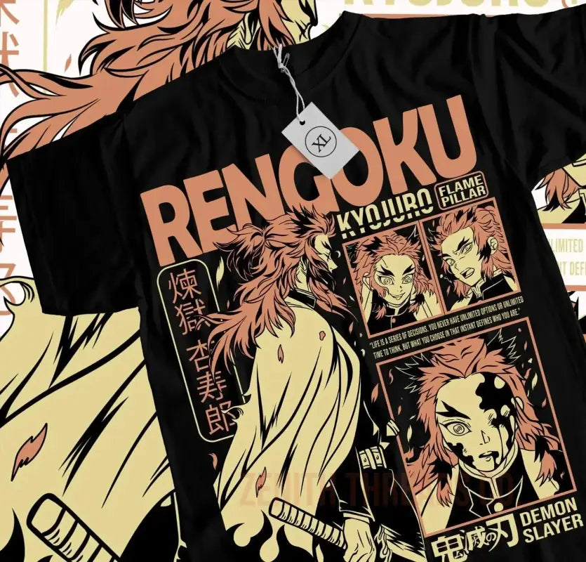 Black t-shirt featuring manga-style artwork and ’Rengoku’ text in orange lettering.