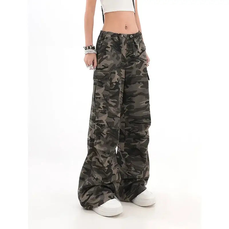 Military-style camouflage cargo pants with wide legs.