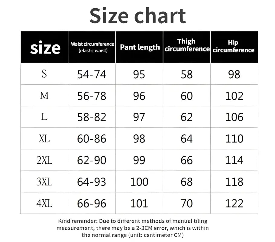 Size chart showing measurements for pants in centimeters across different size categories.