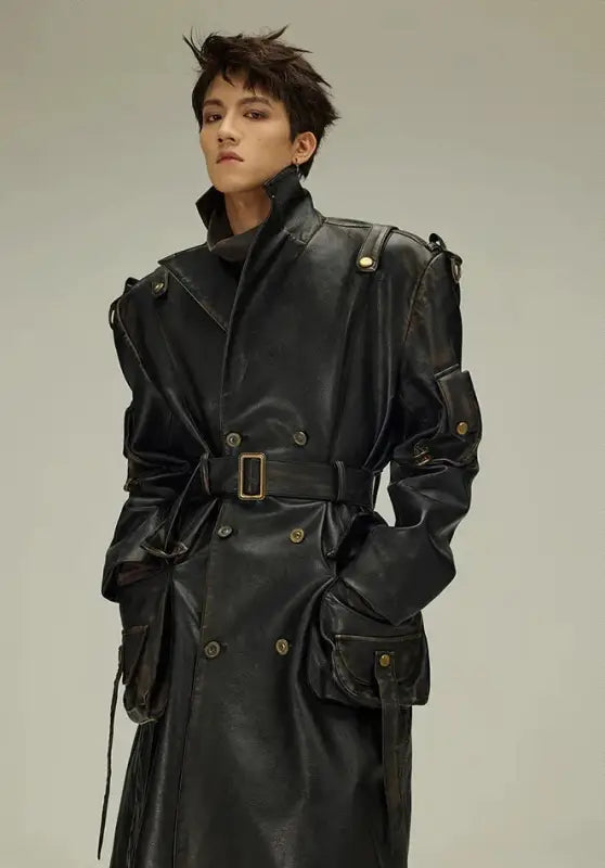 Black leather trench coat with belt, pockets and brass hardware details.