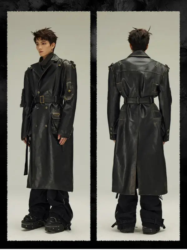 Long black leather trench coat with belt and military-style details shown from front and back views.