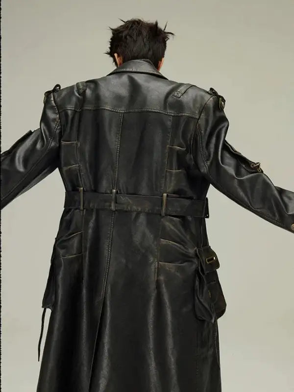 Black leather trench coat shown from behind.