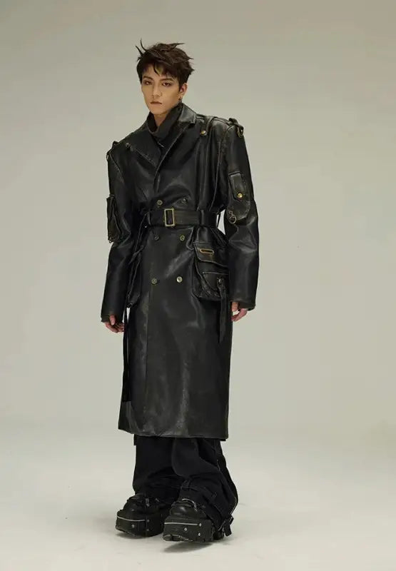 Black leather trench coat with buckle details and utility pockets.