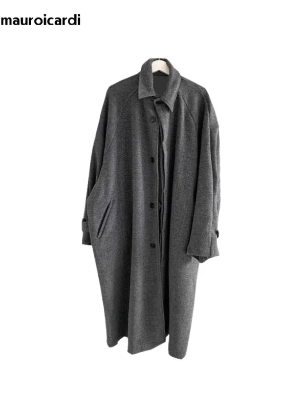 Long Warm Grey Black Woolen Coat - Coat