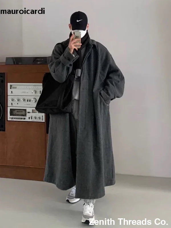 Long Warm Grey Black Woolen Coat - Coat