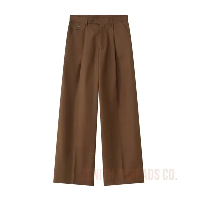 Brown wide-leg dress pants with pleats.