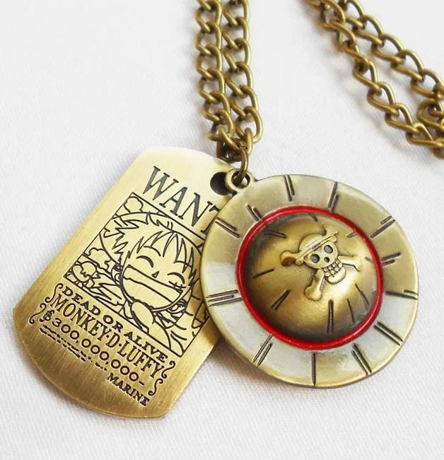 Bronze-colored Luffy One Piece pendant necklace perfect for anime fans and graphic tee enthusiasts