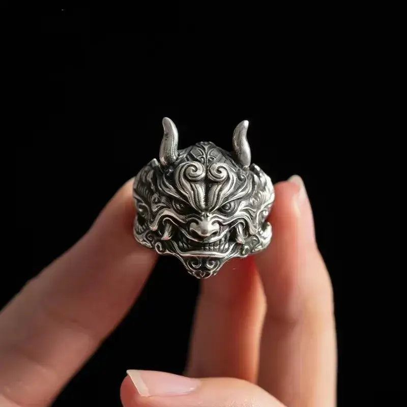 Mahakala Mask Ring | Demonic Silver / Resizable | Accessories