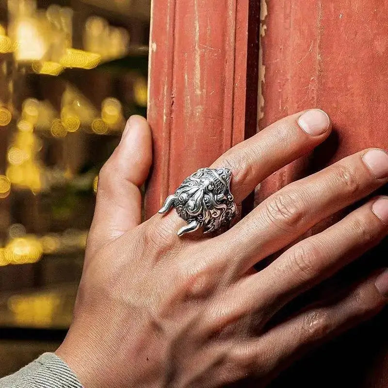 Mahakala Mask Ring | Demonic Silver / Resizable | Accessories