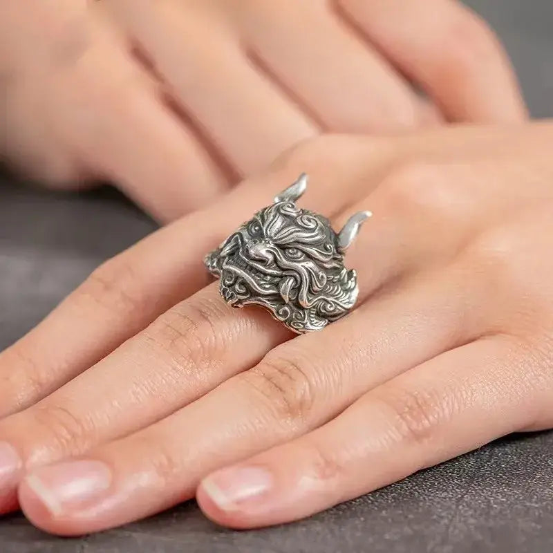 Mahakala Mask Ring | Demonic Silver / Resizable | Accessories