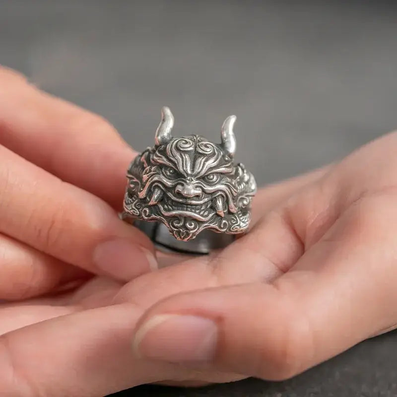 Mahakala Mask Ring | Demonic Silver / Resizable | Accessories