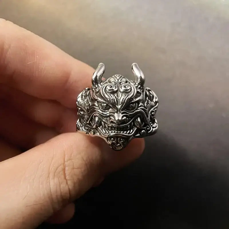 Mahakala Mask Ring | Demonic Silver / Resizable | Accessories