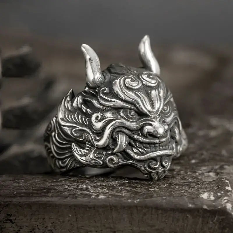 Mahakala Mask Ring | Demonic Silver / Resizable | Accessories