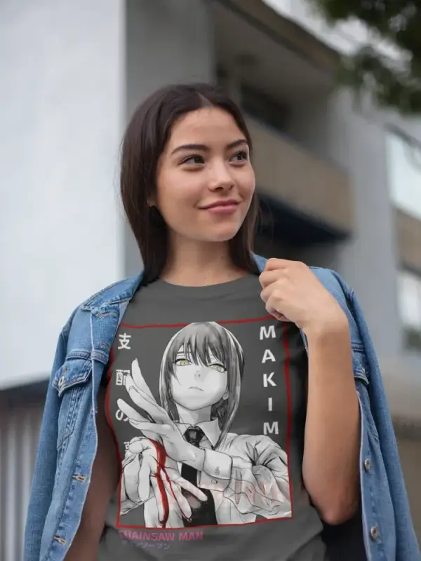 Black t-shirt featuring anime artwork with a denim jacket worn over it.