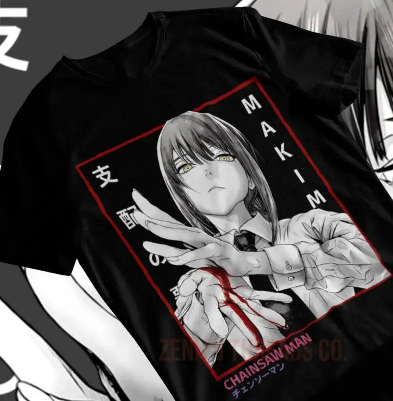 Black t-shirt featuring a manga-style character illustration in a red and white rectangular frame.