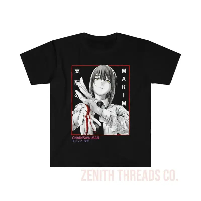 Black t-shirt featuring a black and white manga-style artwork with red accents and Japanese text.