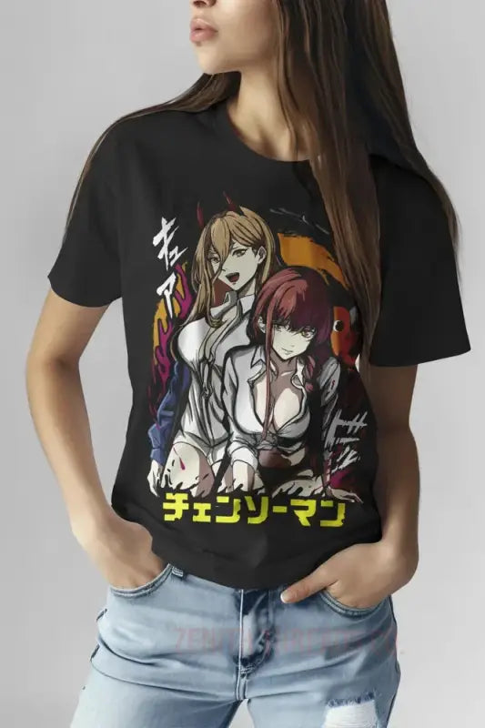 Black t-shirt featuring anime characters with Japanese text and colorful graphic design elements.