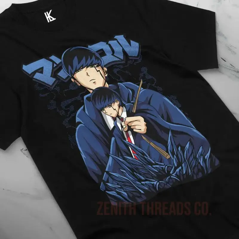 Black t-shirt featuring anime-style artwork in blue and navy tones.