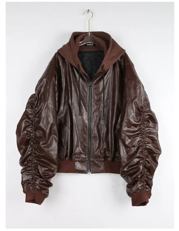 Brown hooded ruched-sleeve bomber jacket from Mauroicardi oversized black thickened leather