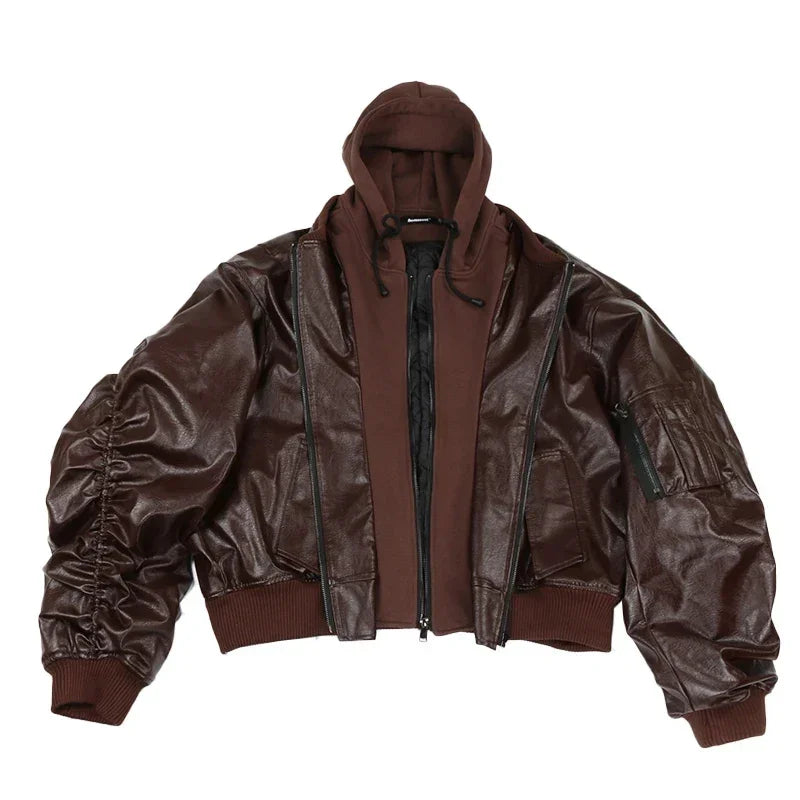 Brown leather bomber jacket with hood from Mauroicardi oversized black thickened leather