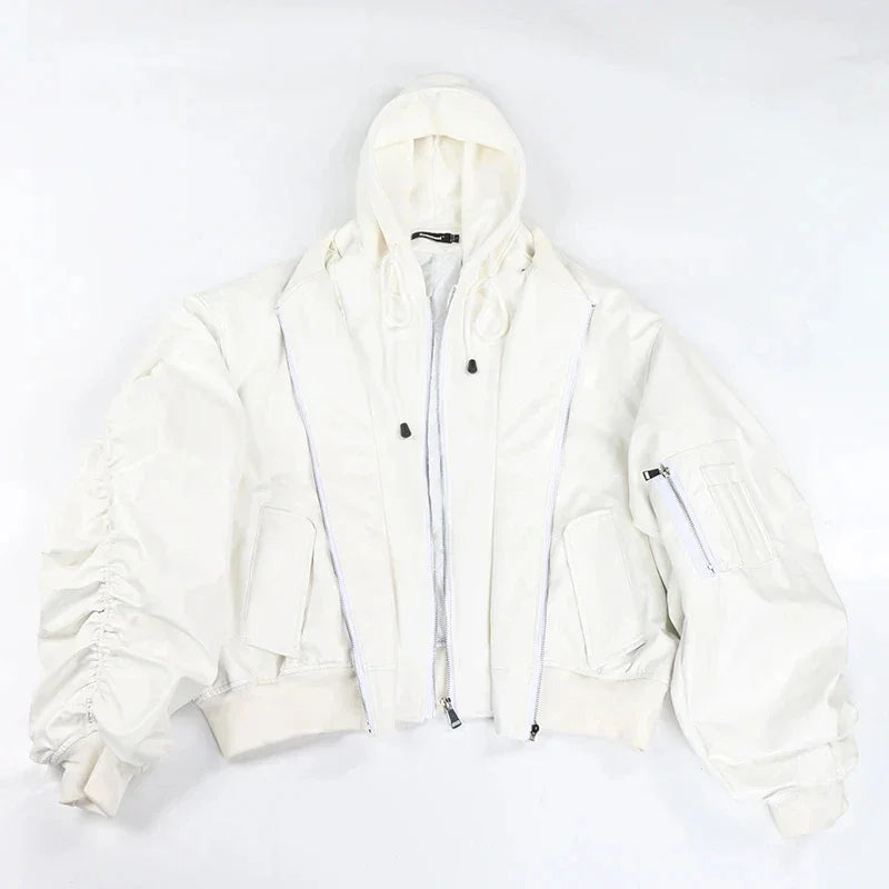 White hooded bomber jacket from Mauroicardi oversized black thickened leather collection