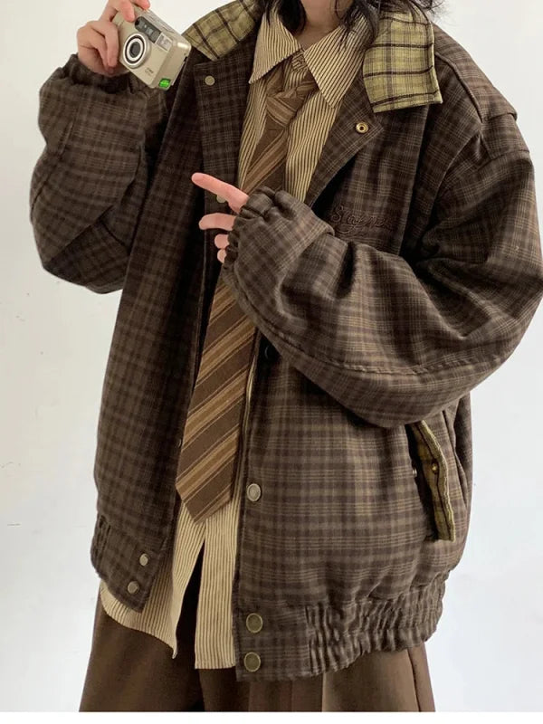 Mauroicardi vintage plaid jacket in brown with matching tie, blending retro and Japanese streetwear