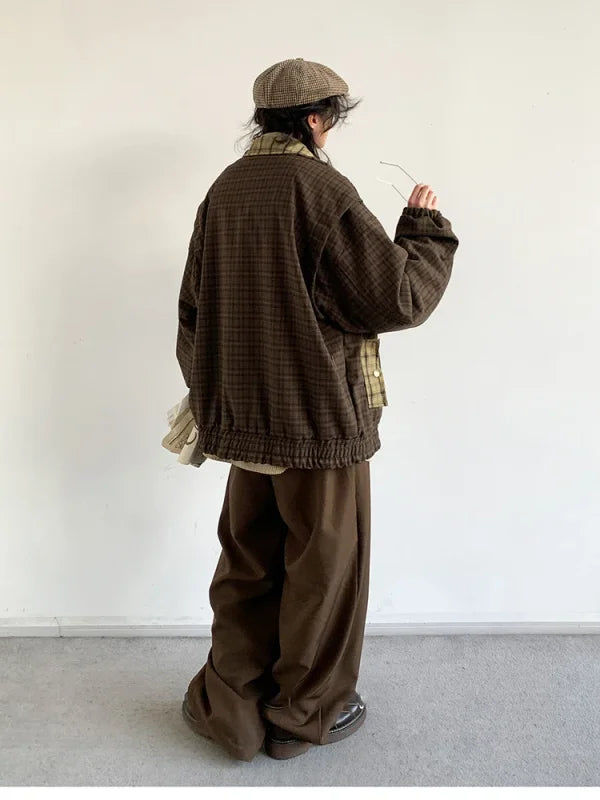 Brown plaid bomber jacket from Mauroicardi Vintage Plaid, blending retro and Japanese streetwear