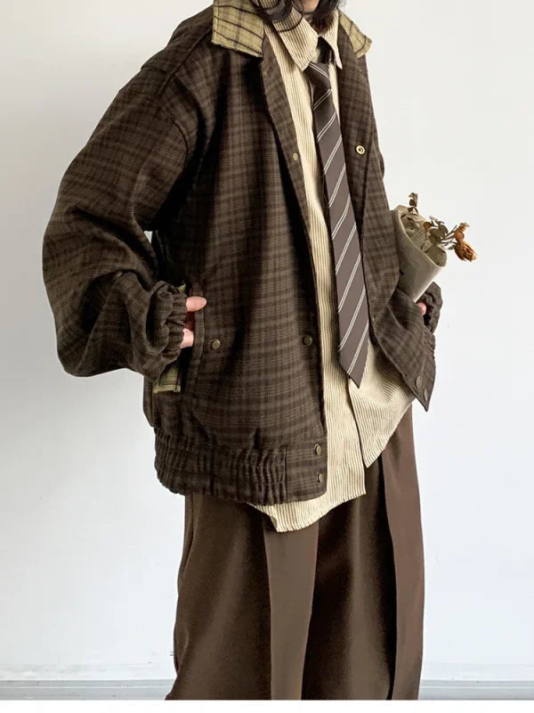 Brown plaid jacket with tie showcasing Mauroicardi vintage plaid and Japanese streetwear style