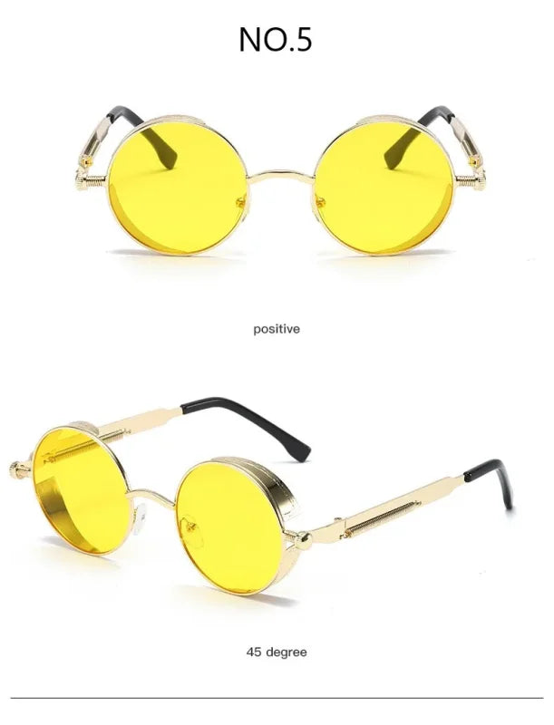 Round yellow metal steampunk techwear sunglasses for stylish rebels and trendsetters