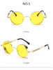 Round yellow metal steampunk techwear sunglasses for stylish rebels and trendsetters