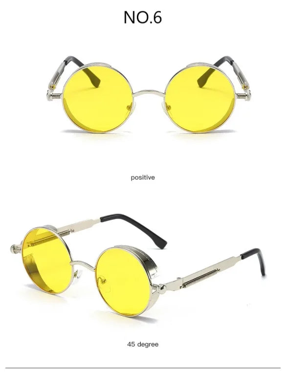 Round yellow-lens sunglasses from Futuristic Metal Steampunk Techwear collection