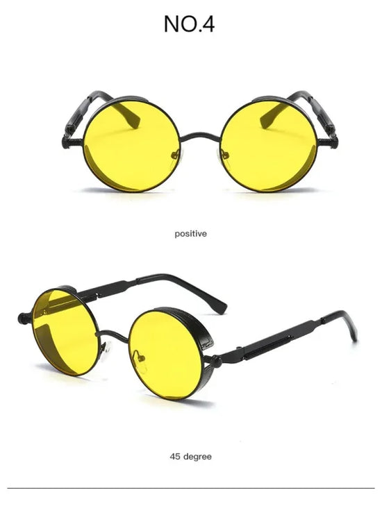 Round yellow-lens steampunk techwear sunglasses for stylish rebels in metal design