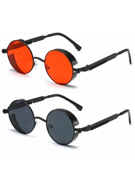 Two pairs of metal steampunk techwear sunglasses for stylish rebels in a modern display