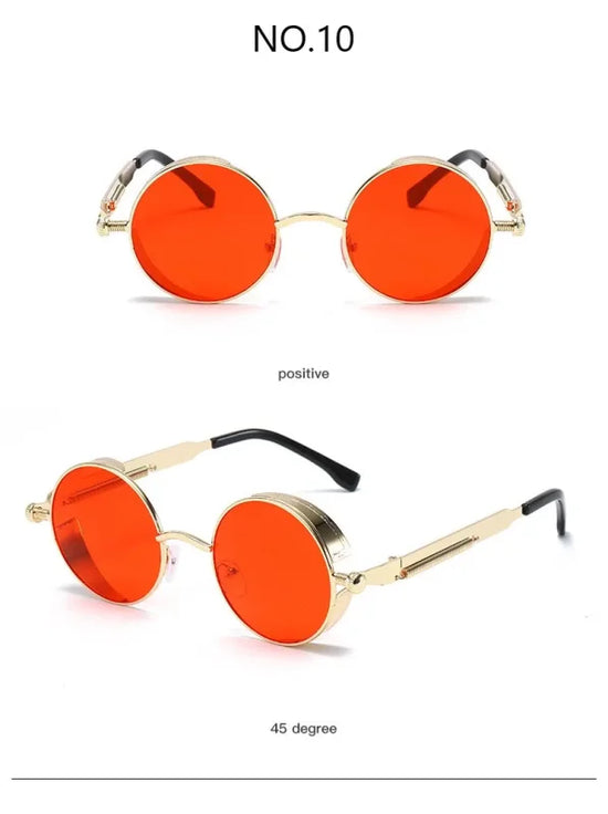 Round red metal steampunk techwear sunglasses for stylish rebels in futuristic design