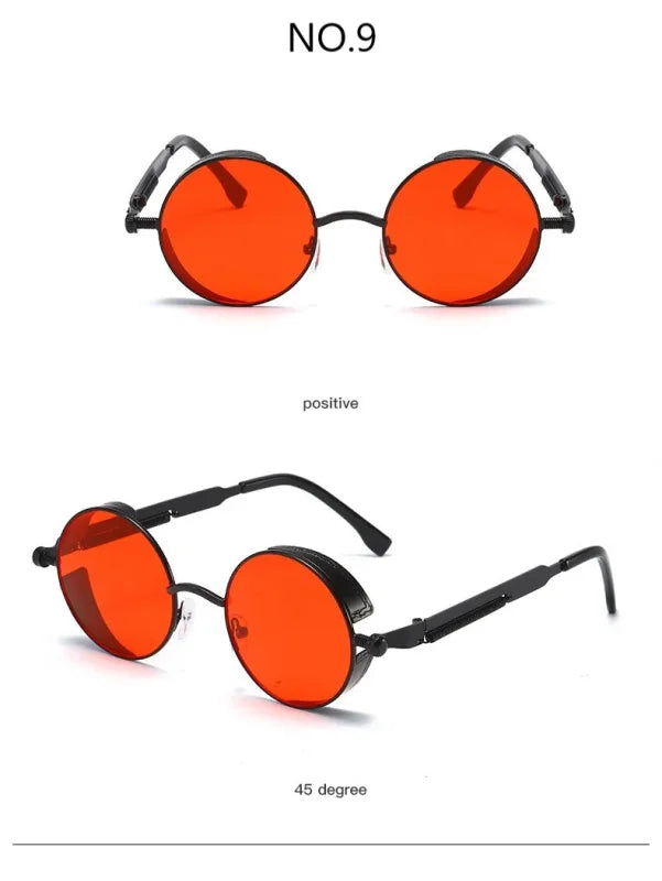 Round red-lensed sunglasses featuring a metal steampunk techwear design for stylish rebels