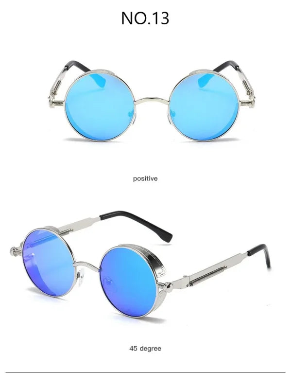 Round blue metal steampunk techwear sunglasses for stylish rebels in modern fashion