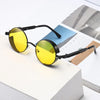 Round yellow-lensed metal steampunk techwear sunglasses for stylish rebels