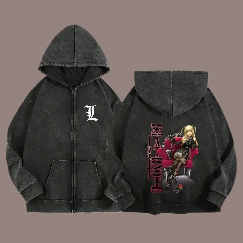 Misa Amane Death Note Gothic Zip Hoodie | Washed Charcoal / Xxxl | Anime Streetwear