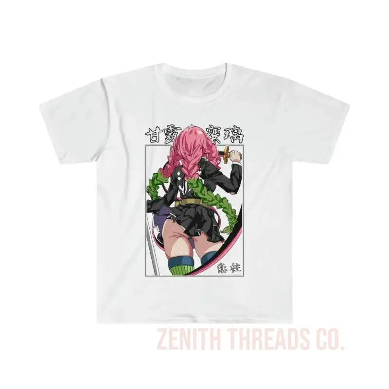 White t-shirt featuring anime-style artwork with Japanese text and a character with pink hair.