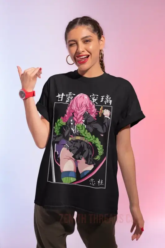 Black t-shirt featuring anime-style artwork with Japanese text and pink rose details.