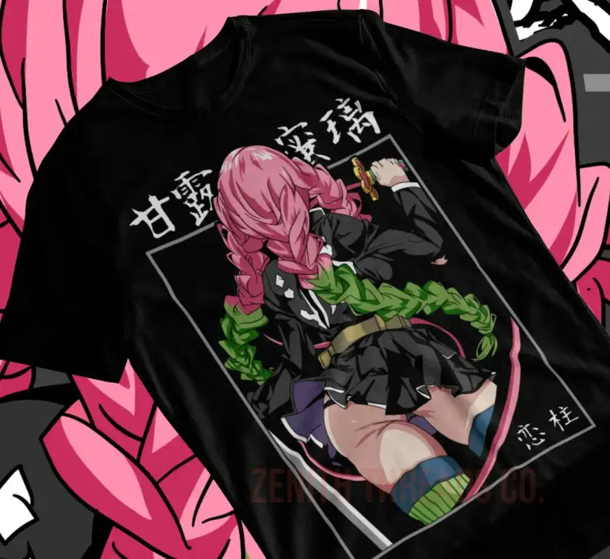 Black t-shirt featuring anime-style artwork of a character with pink braided hair in a dynamic pose.